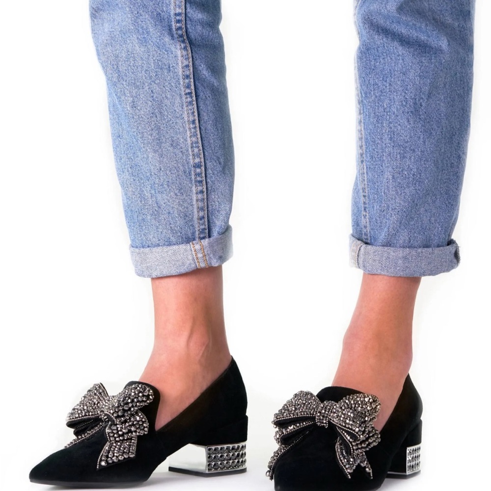 Jeffrey Campbell Black Suede Loafers with Rhinestone Bow/heels